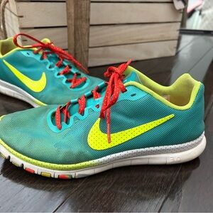 Nike Free 3.0 Turquoise Trainers with Neon Yellow Swoosh and Orange Laces